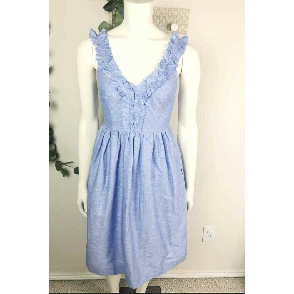 Banana Republic Ruffled Chambray Dress Sz 0 Linen Blend Pockets Summer N56